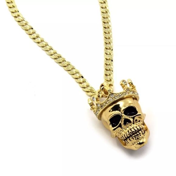 14K Iced Out Skull & 24” Cuban Link Chain - Picture 4 of 4